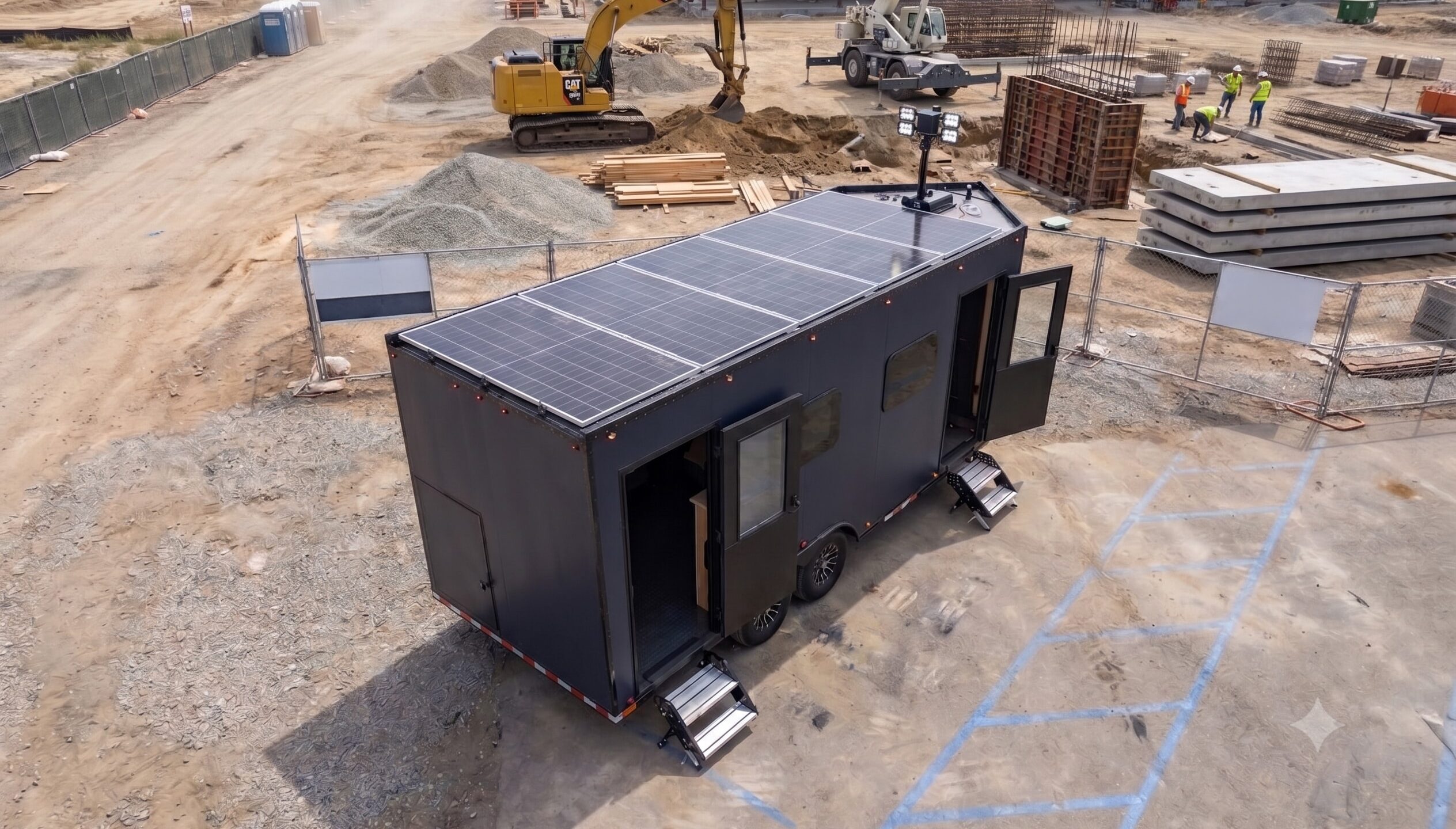 A sleek white electric car is driving up a ramp into a modern, solar-powered trailer garage with illuminated interior lighting and integrated solar panels, set against a backdrop of urban apartment buildings.