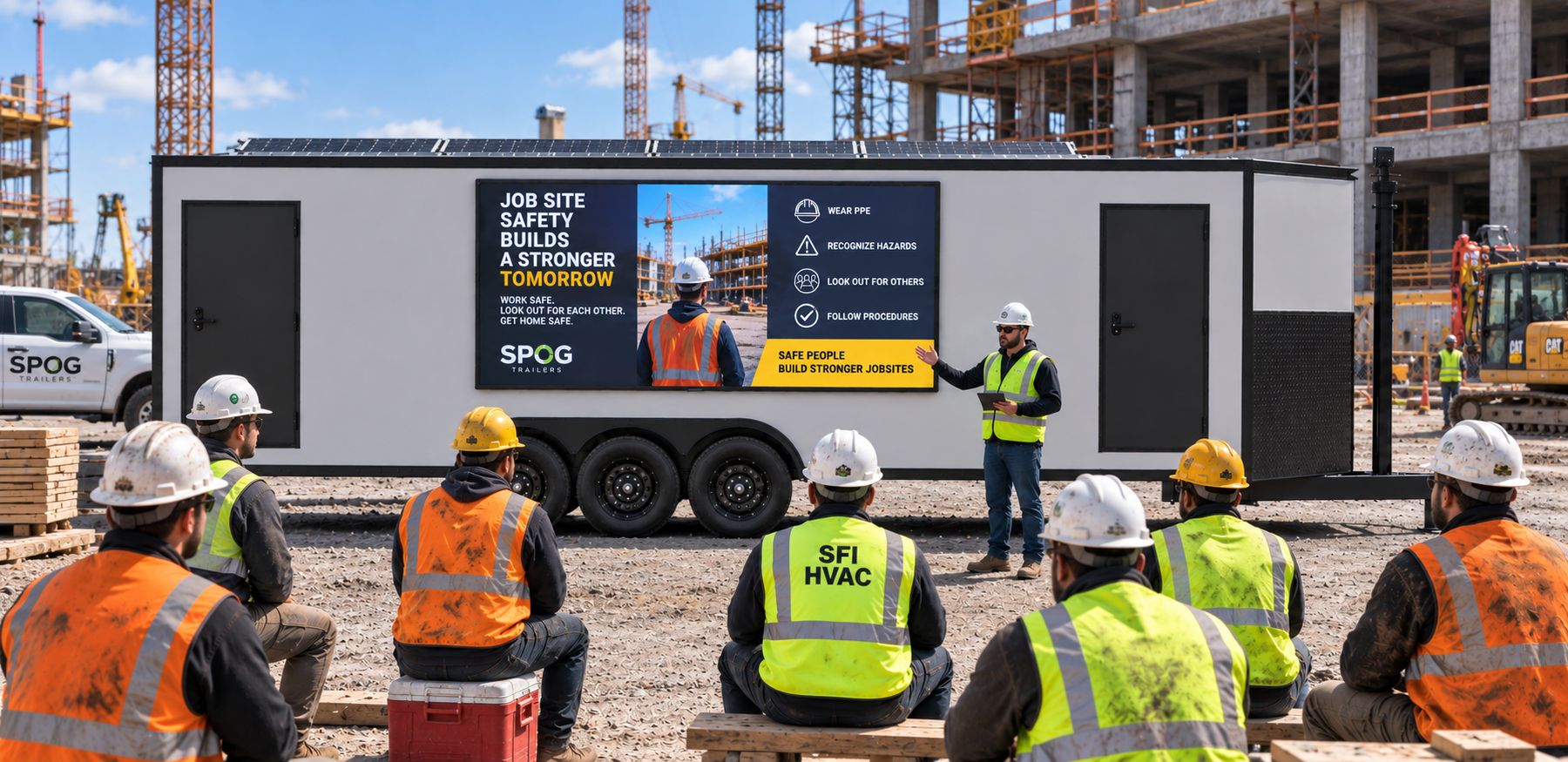 A construction crew in hard hats and high-visibility vests seated for a safety talk in front of a SPOG solar-powered jobsite trailer, its exterior screen showing a safety briefing while a supervisor presents alongside it.
