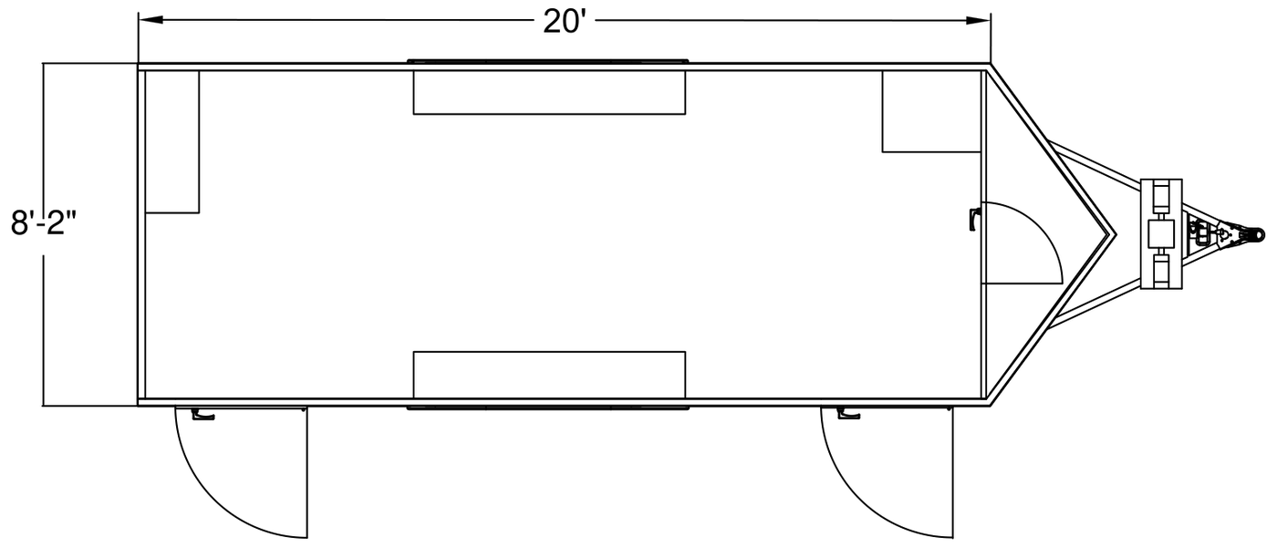 Overhead floor plan of the 20-foot open common area trailer: a single undivided room 20 feet by 8 feet 2 inches with counters along both walls and an entry door at each end.