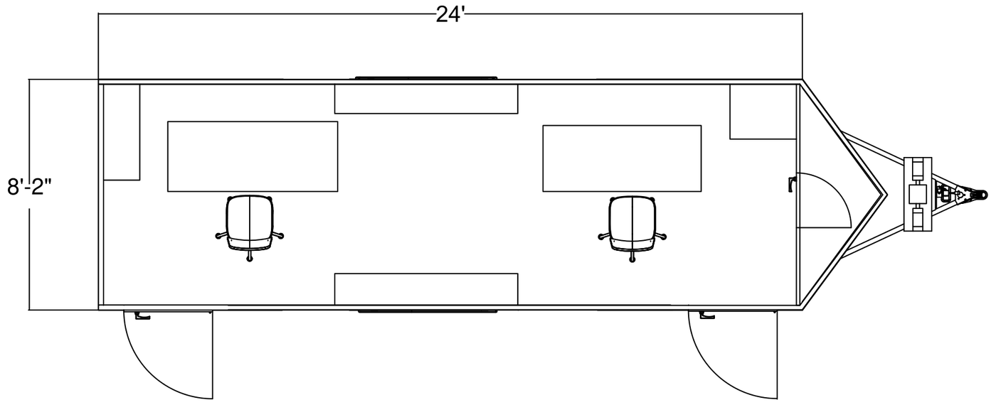 Overhead floor plan of the 24-foot shared office trailer: one open room 24 feet by 8 feet 2 inches with two facing workstations, counters along both walls, and an entry door at each end.