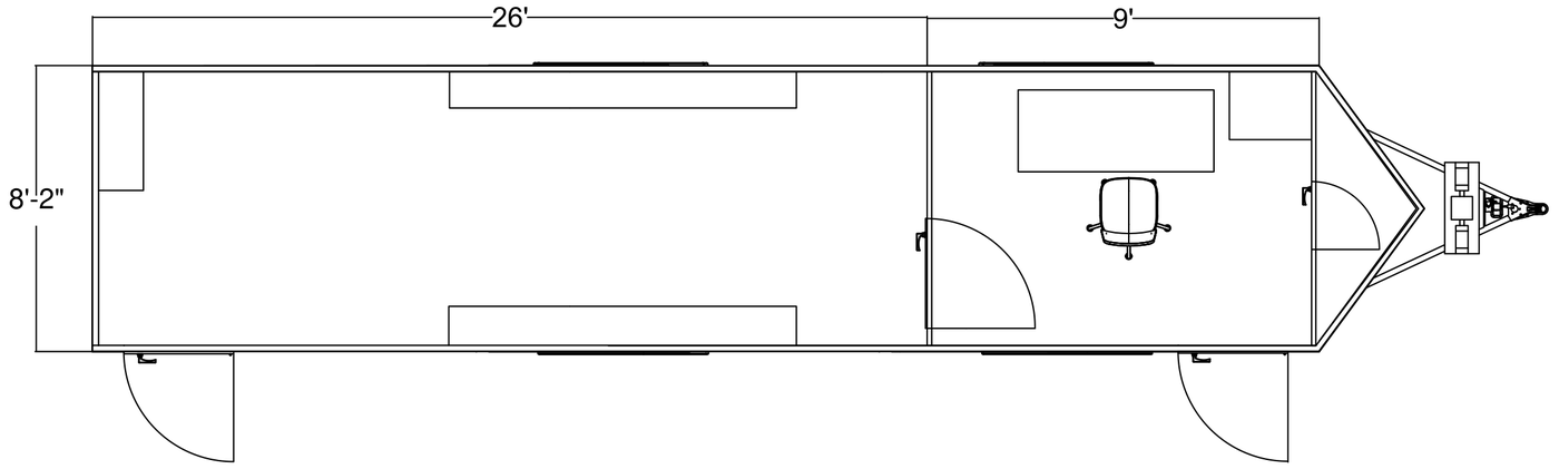 Overhead floor plan of the 35-foot trailer: a 26-foot open common area with counters along both walls, and a 9-foot private office with a desk at the front.