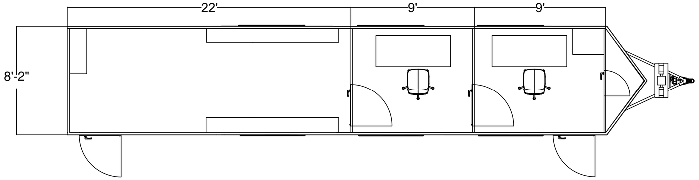 Overhead floor plan of the 40-foot dual-office trailer: a 22-foot open common area and two 9-foot private offices, each with a desk, at the front.