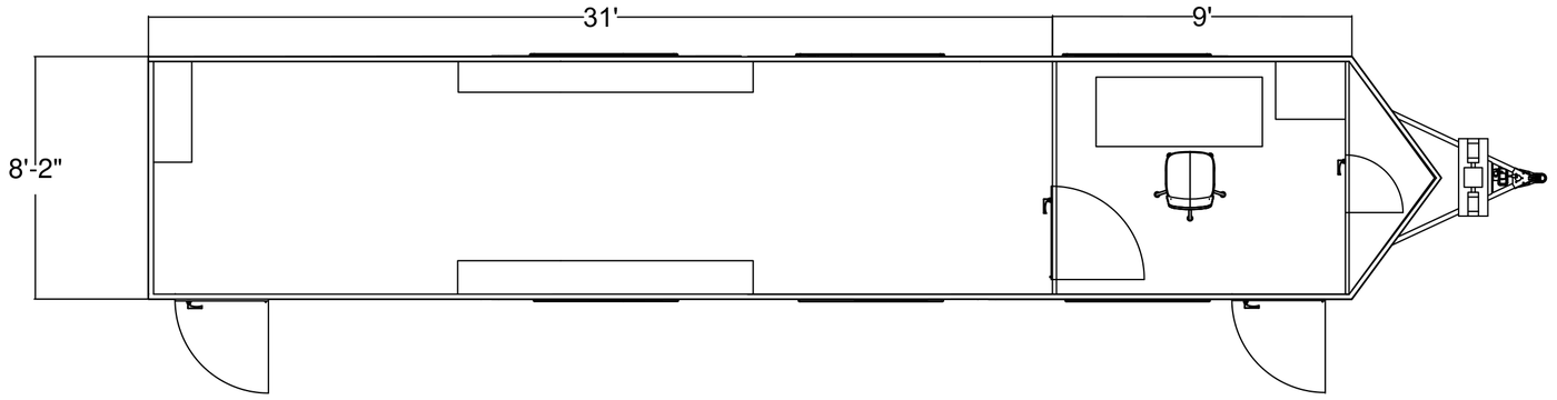 Overhead floor plan of the 40-foot single-office trailer: a 31-foot open common area with counters along both walls, and a 9-foot private office at the front.