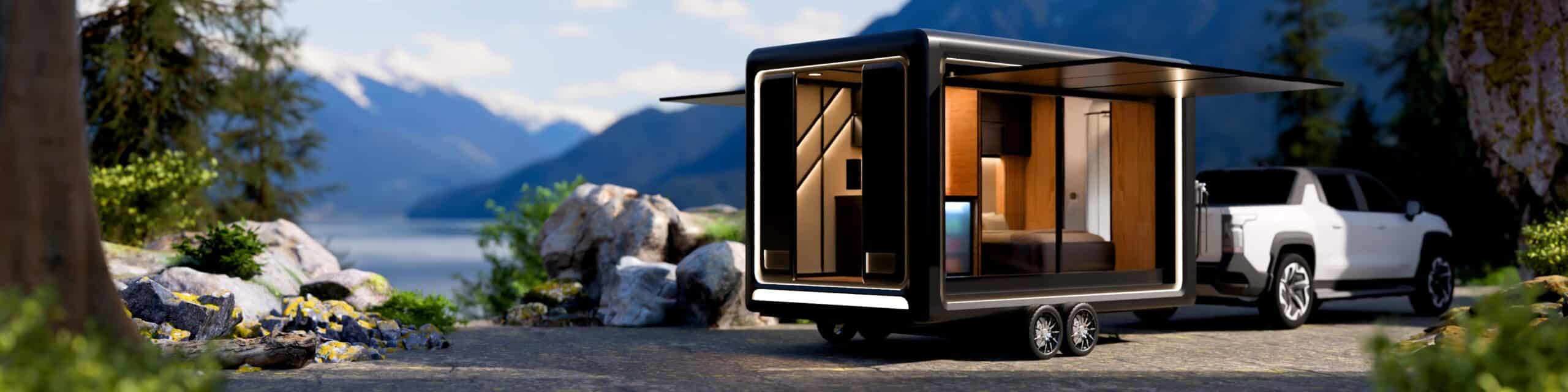 A trailer with a bedroom inside is parked in a national park, ready for camping.