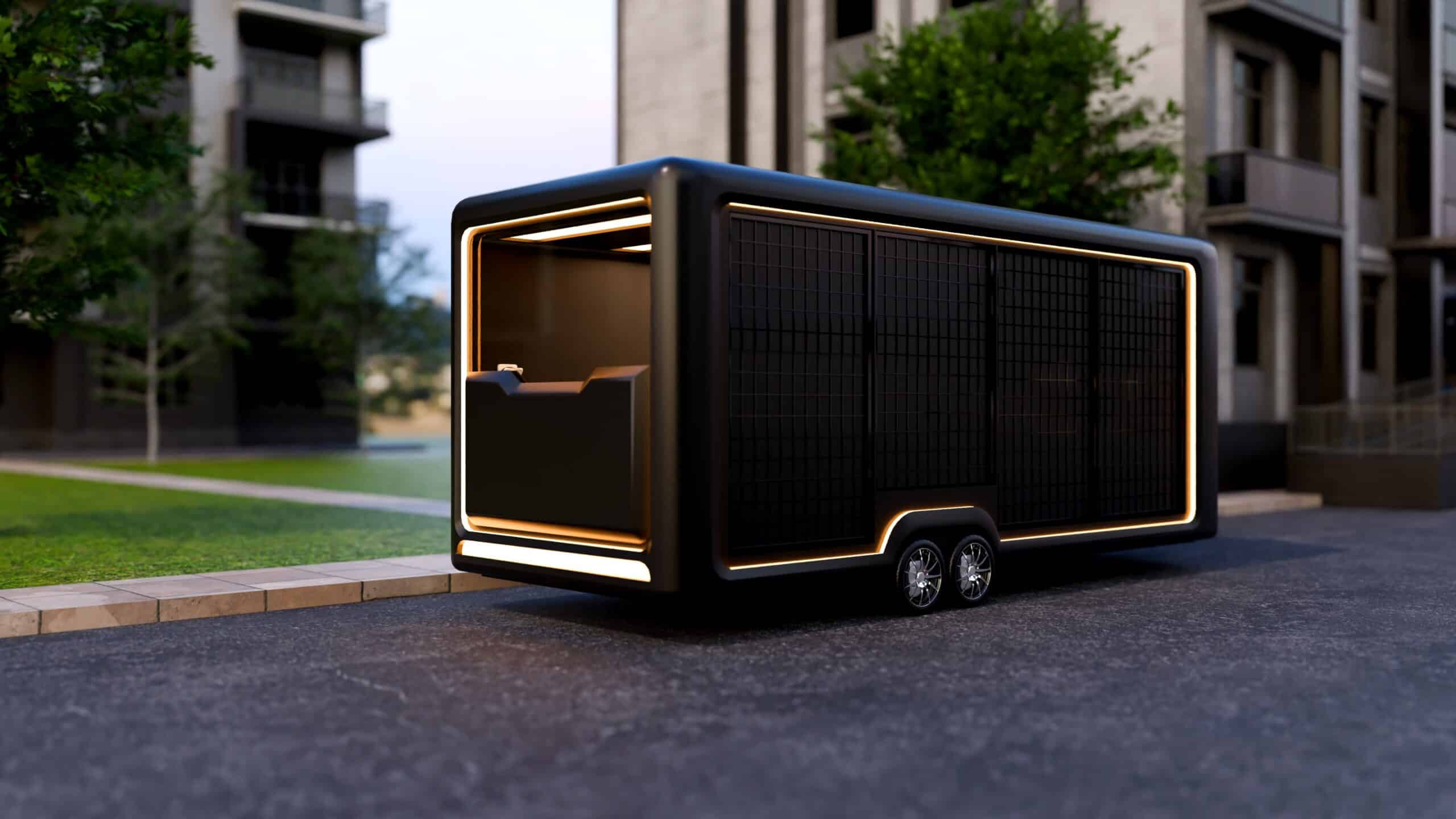 Side view of a sleek solar-powered trailer with illuminated trim, parked in an urban setting with integrated solar panels across its exterior.