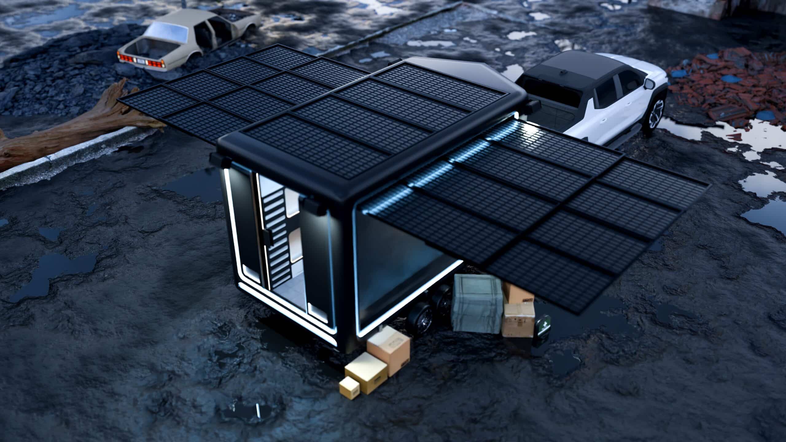 A modern SPOG trailer with extended solar panels and illuminated edges, surrounded by wet, muddy ground, and two nearby cars.