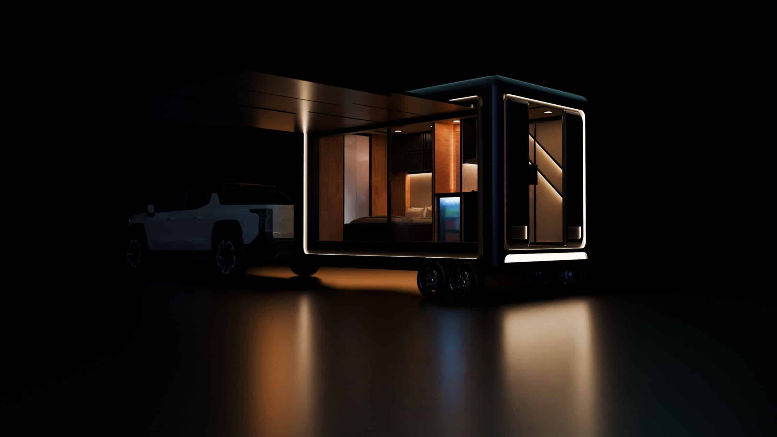 Solar-powered trailer at night with illuminated frame and interior lighting, revealing a cozy bedroom and sleek entryway, hitched to a white electric truck in a dark, minimalist setting.