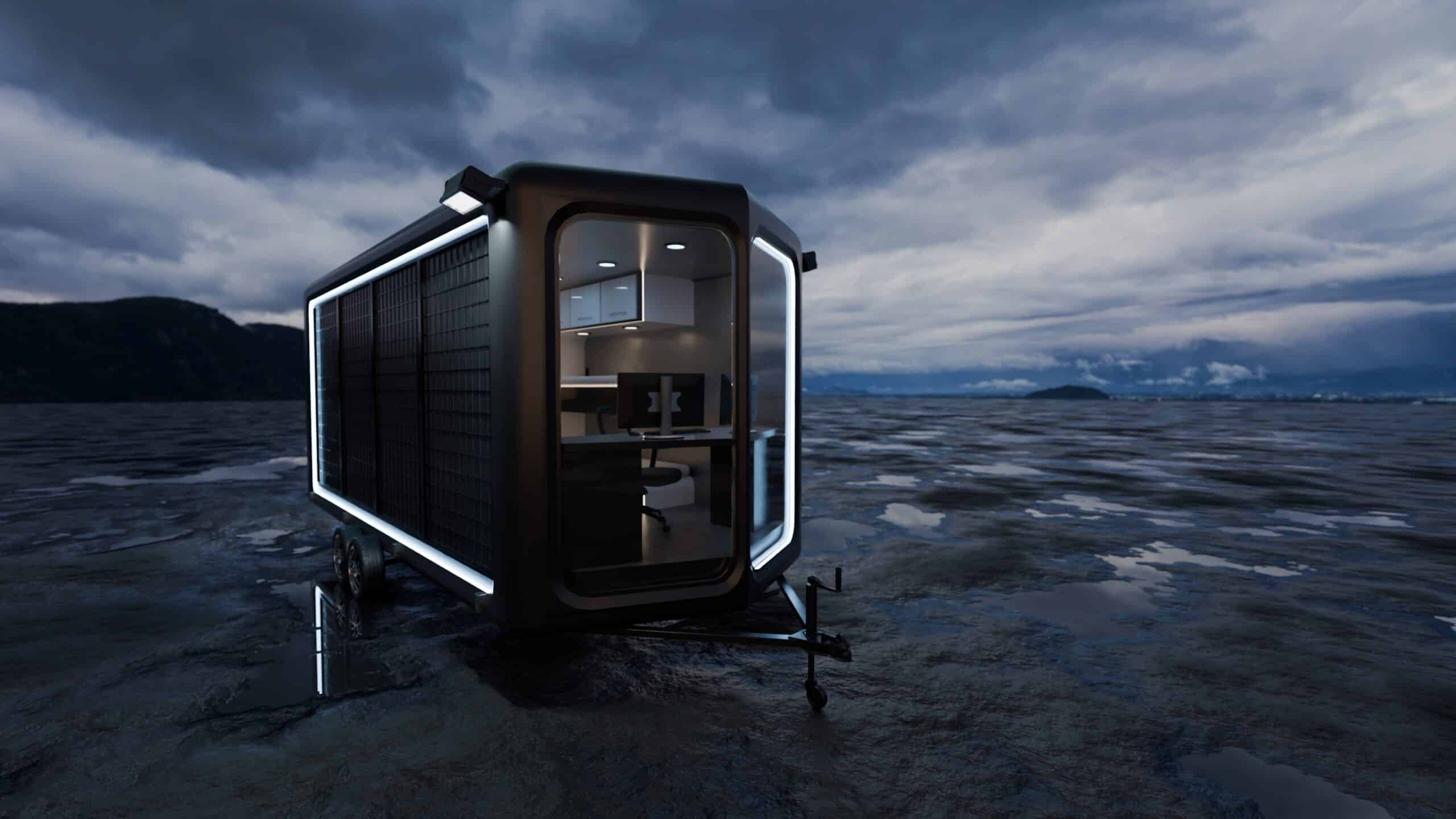 Interior of a solar-powered trailer designed for disaster relief, showing compact sleeping pods along one wall, storage boxes, overhead lighting, and a mounted display screen, with the rear door open to an outdoor view.