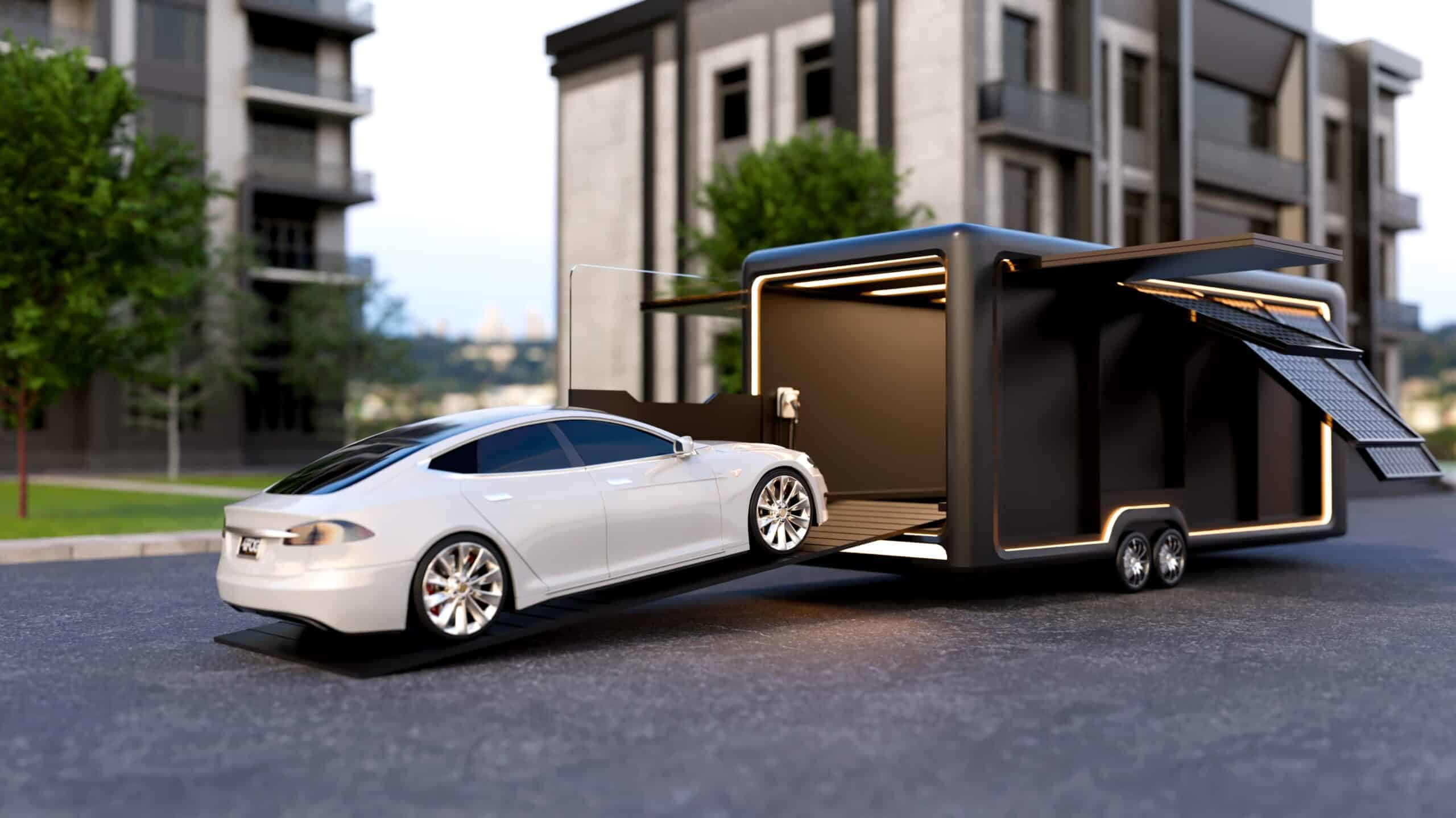 A sleek white electric car is driving up a ramp into a modern, solar-powered trailer garage with illuminated interior lighting and integrated solar panels, set against a backdrop of urban apartment buildings.