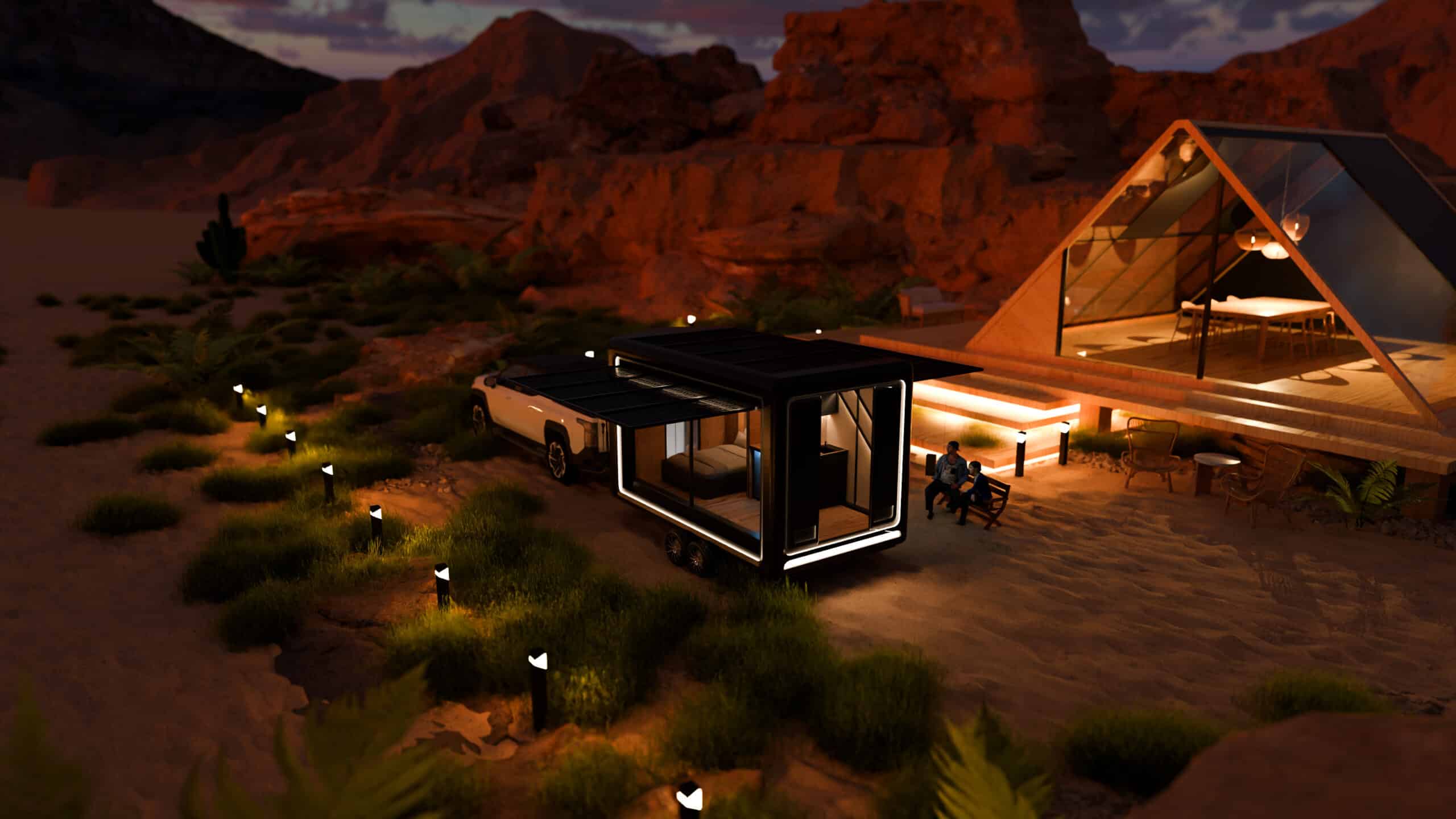 Futuristic camper trailer parked beside a modern A-frame desert home at dusk, with ambient landscape lighting and rocky terrain in the background