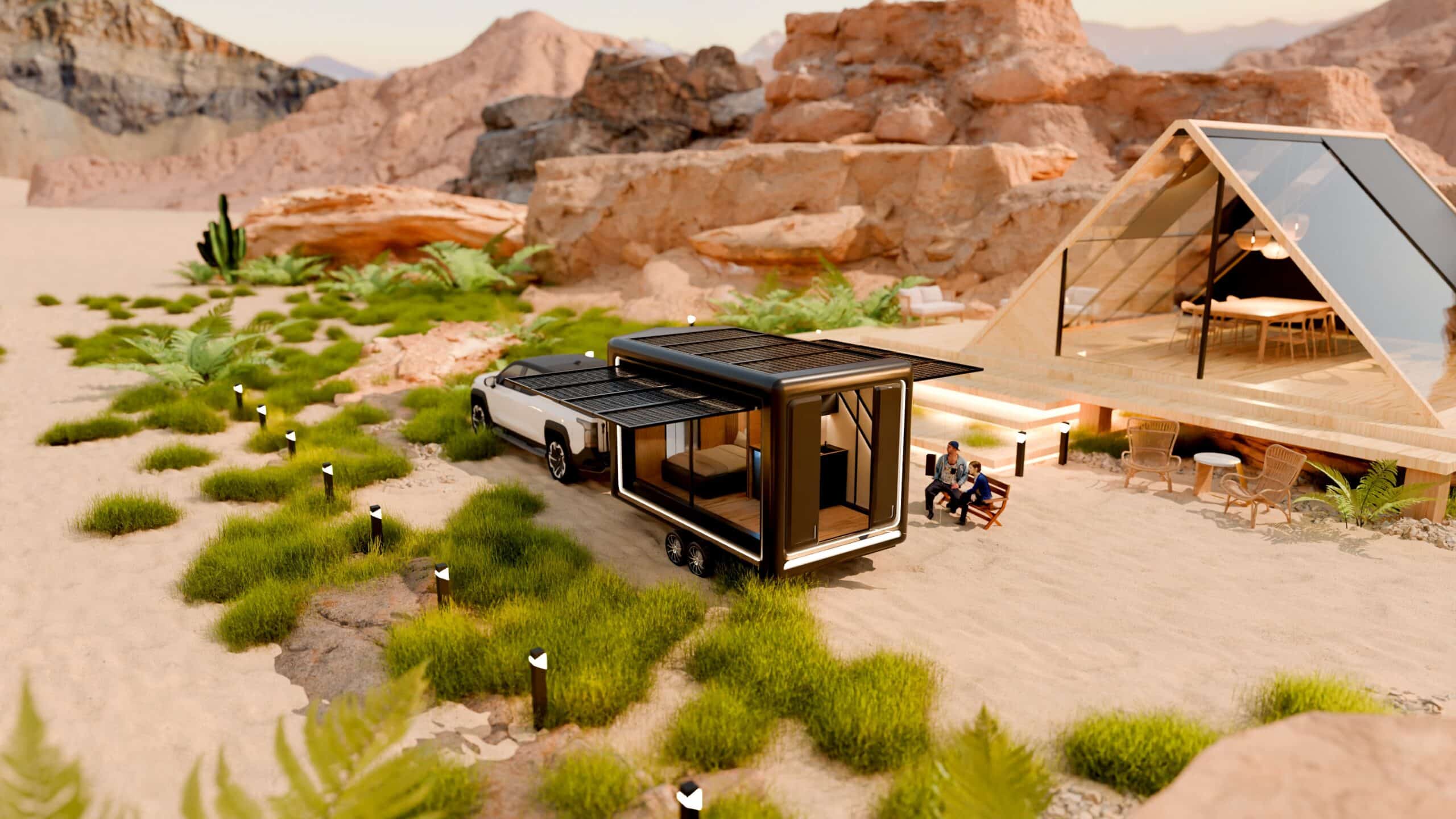 Solar-powered trailer parked in a desert oasis beside a modern A-frame glass cabin, with solar panels extended and two people seated nearby enjoying the natural surroundings.
