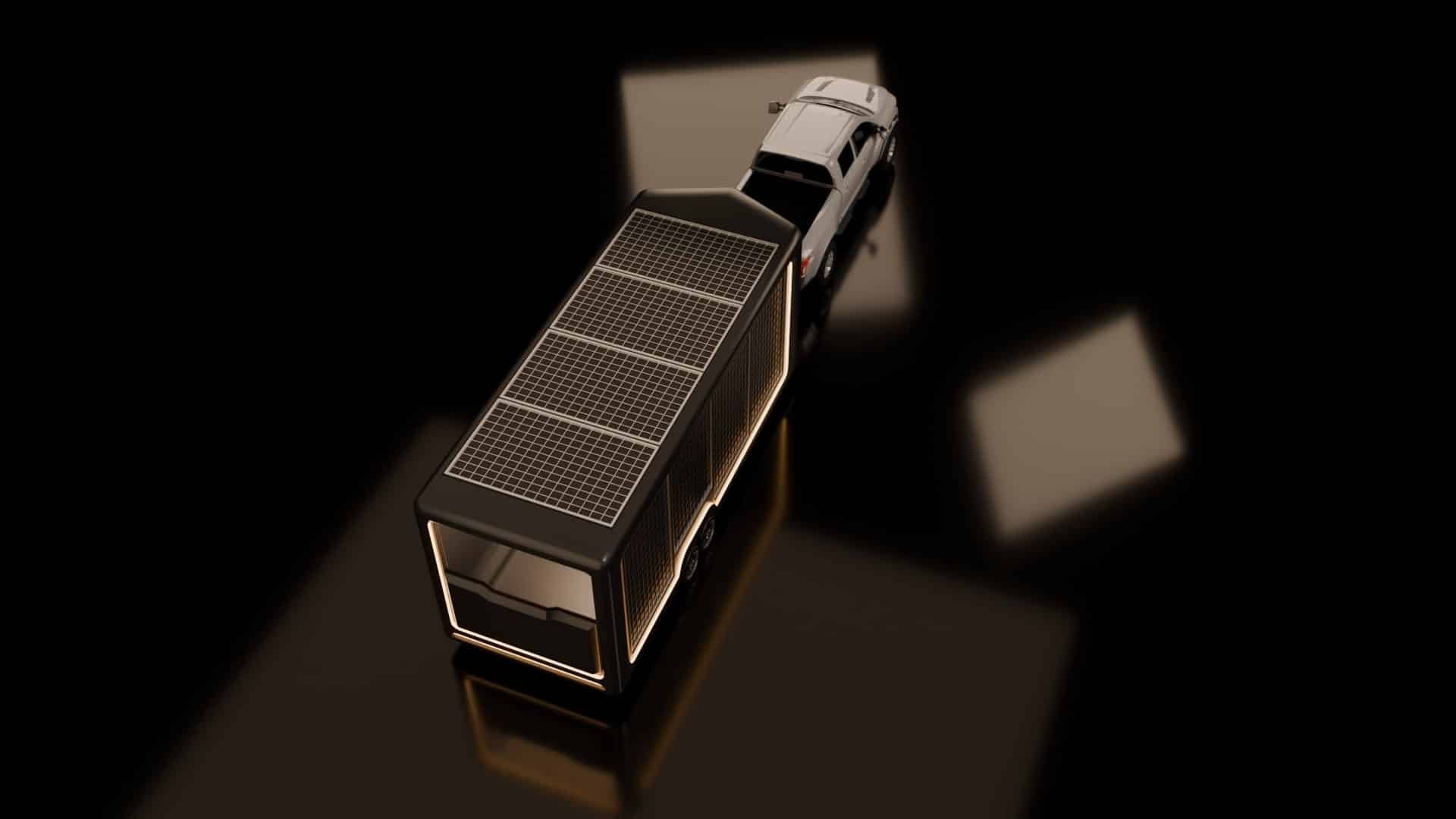 Aerial view of a modern off-grid trailer with solar panels mounted on the roof, being towed by a white pickup truck in a dimly lit studio setting with soft reflections on the floor.
