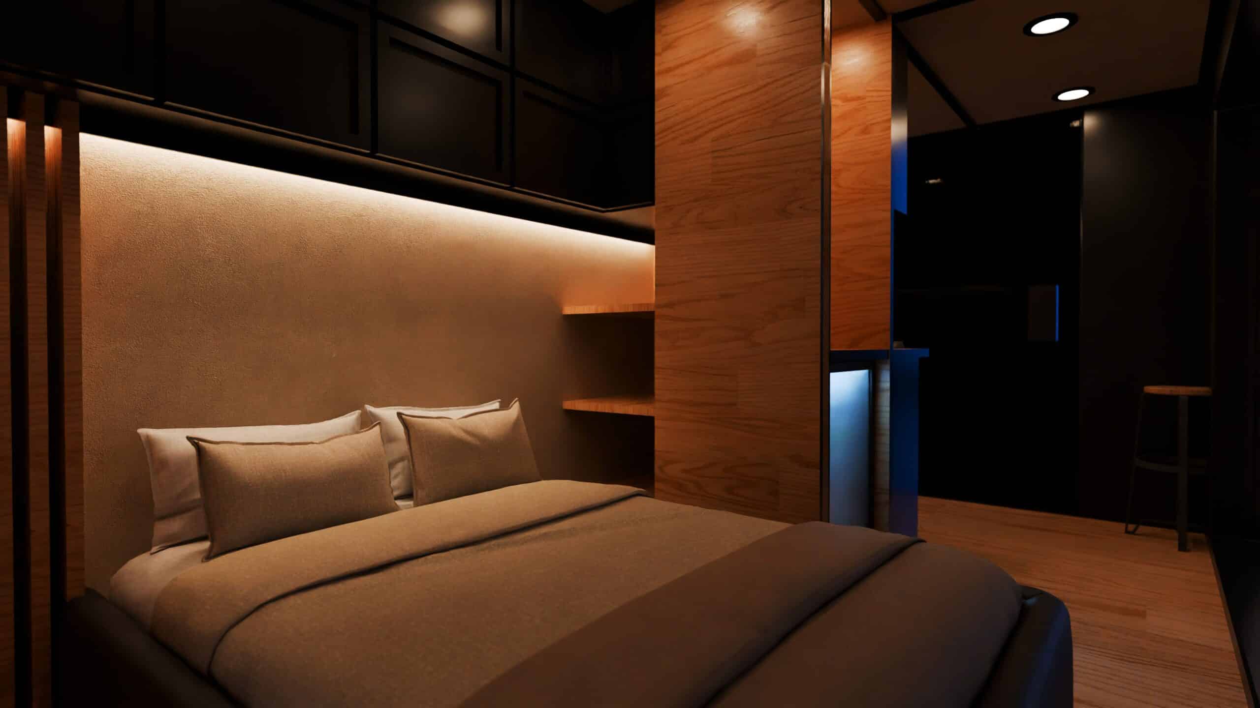 Mobile camper trailer with extended solar panel wings, configured as a construction supply unit with building materials loaded