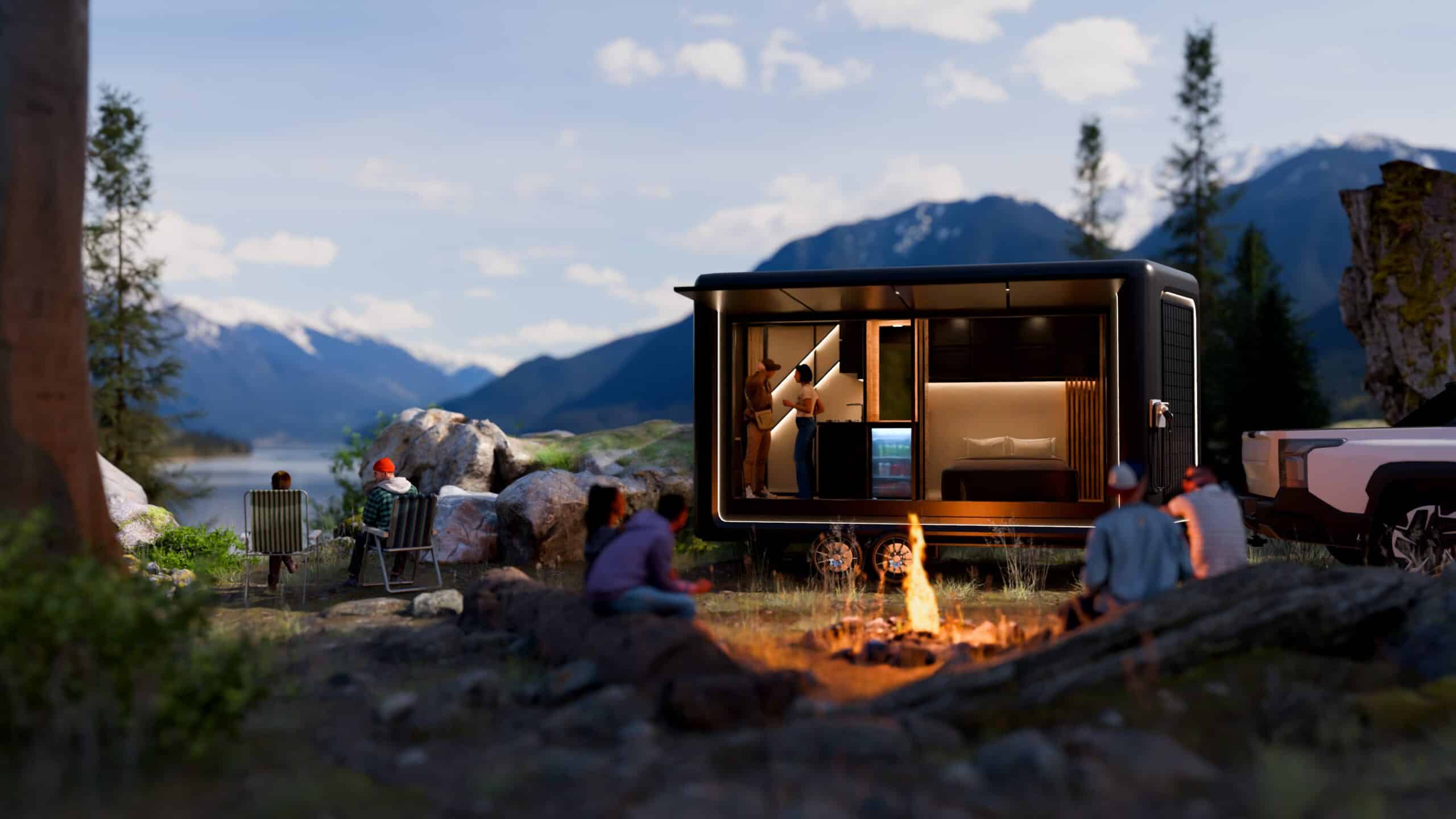 Off-grid smart camper trailer with interior lighting and mountain views, surrounded by people enjoying a campfire in nature