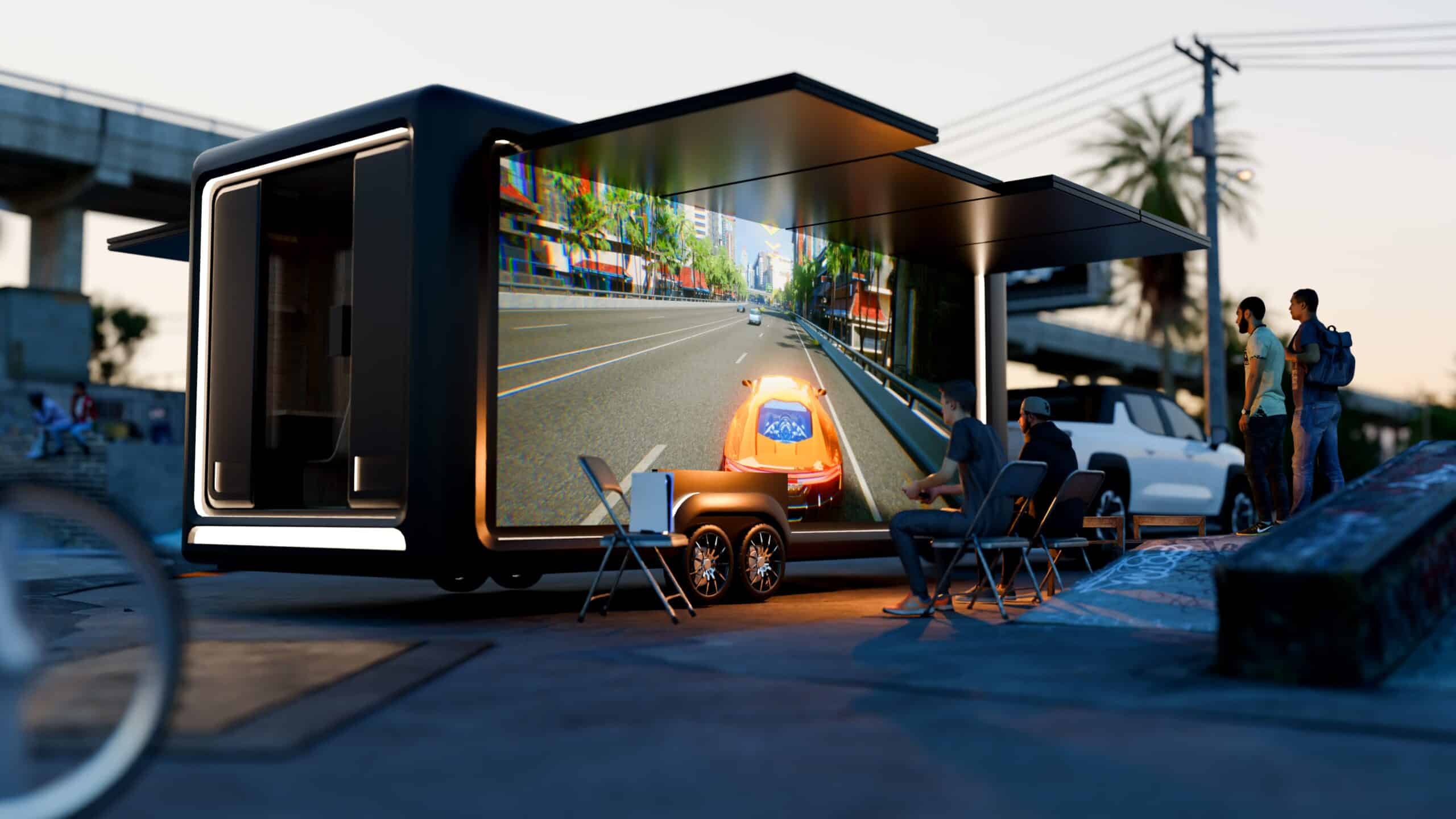 Daytime scene of a solar-powered trailer transformed into a mobile gaming station, with a large screen displaying a racing video game, young players seated in front, and urban surroundings including a skate park and electric truck.